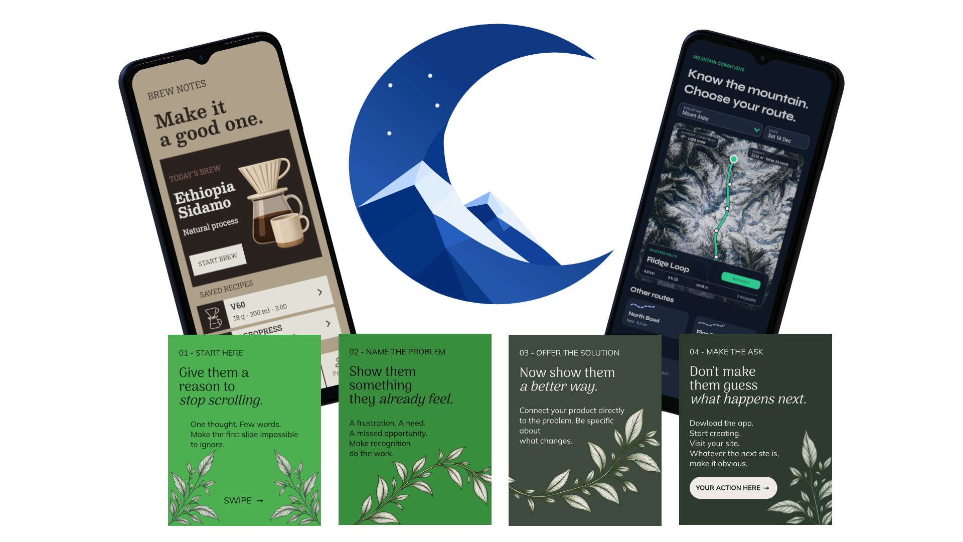 Cluna Studio export showing two phone mockups above four marketing graphics.